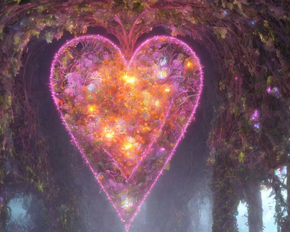 Vibrant heart-shaped plant arrangement in foggy forest