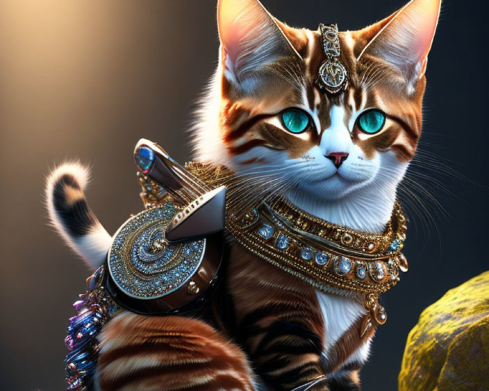 Fantasy armor-clad cat digital artwork with shimmering jewels on dark background