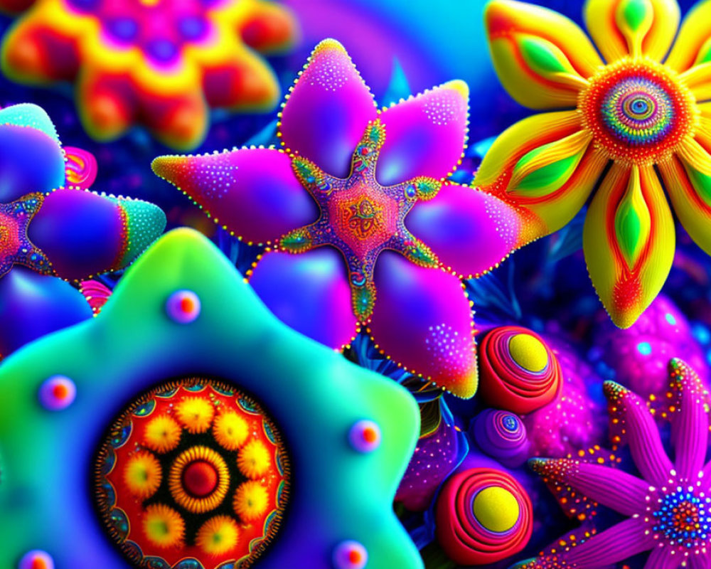 Colorful Psychedelic Digital Art with Star and Circular Patterns