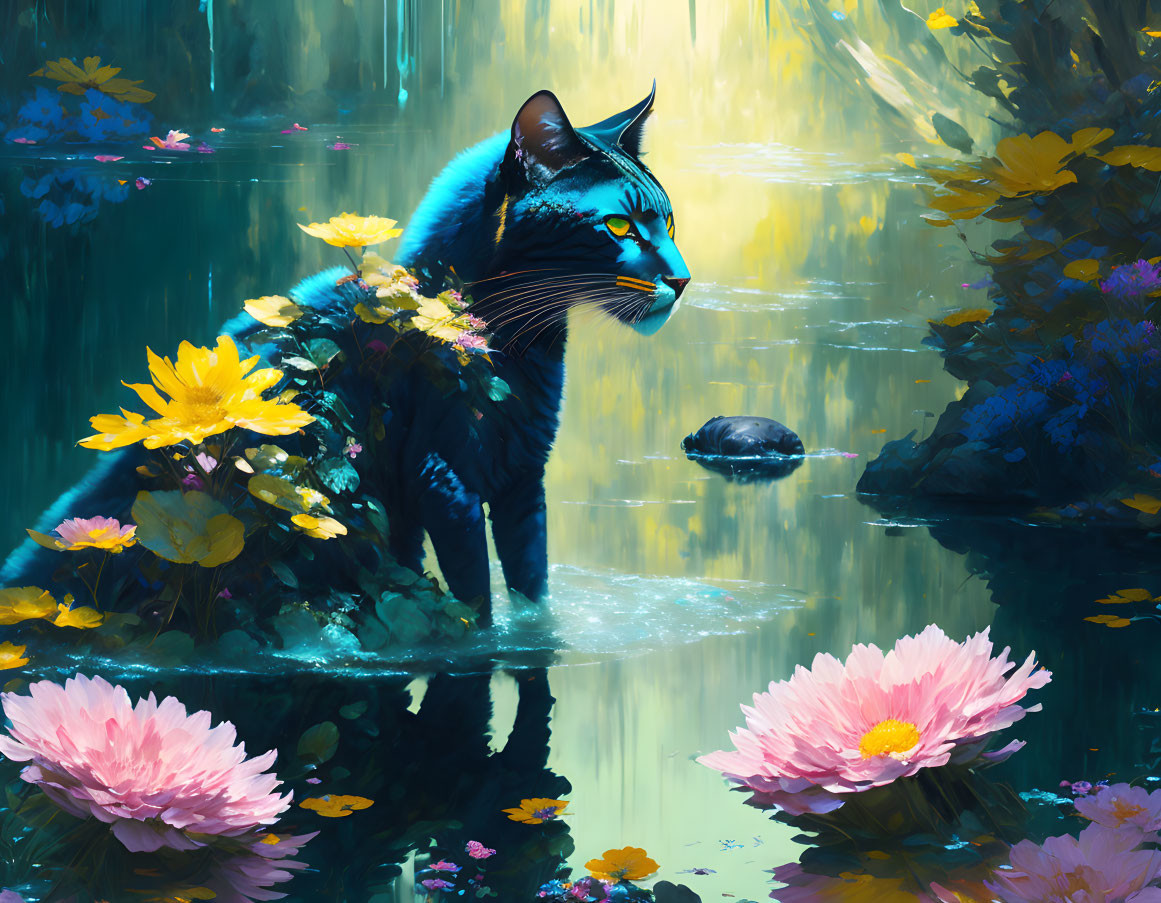 Panter In The River With The Flowers