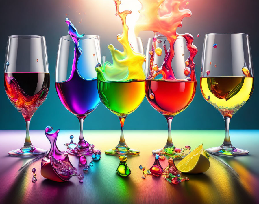 Wine Glasses Breaking By The Colorful Paint Water 