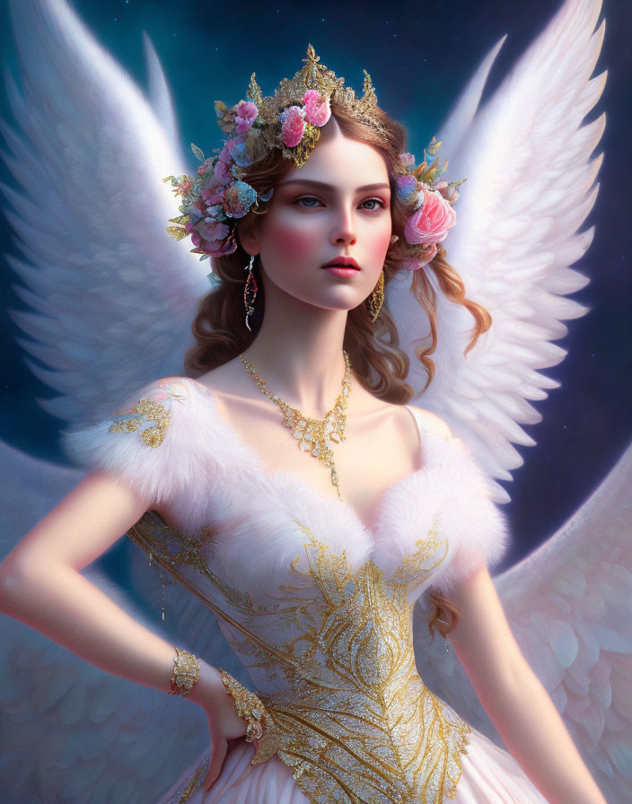 Regal figure with angelic wings in golden crown and elegant dress