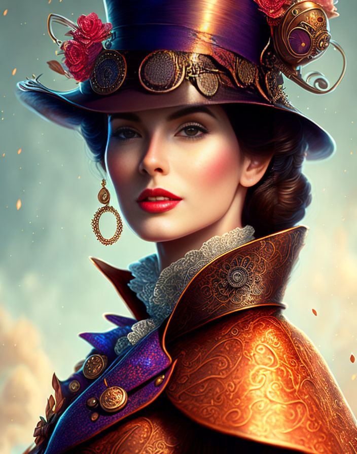 Detailed Steampunk Outfit with Top Hat and Glowing Background