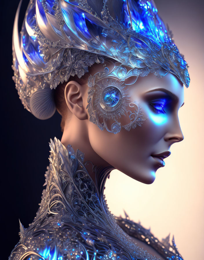 Digital artwork featuring humanoid figure with elaborate silver and blue headpiece and glowing blue eyes.