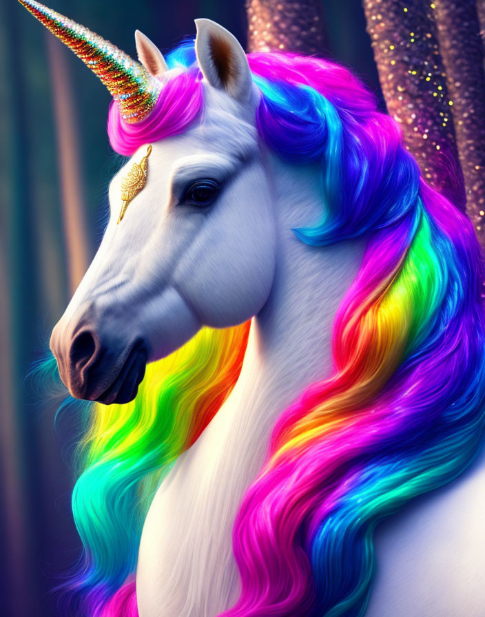 Majestic unicorn with sparkling horn and multicolored mane in forest setting