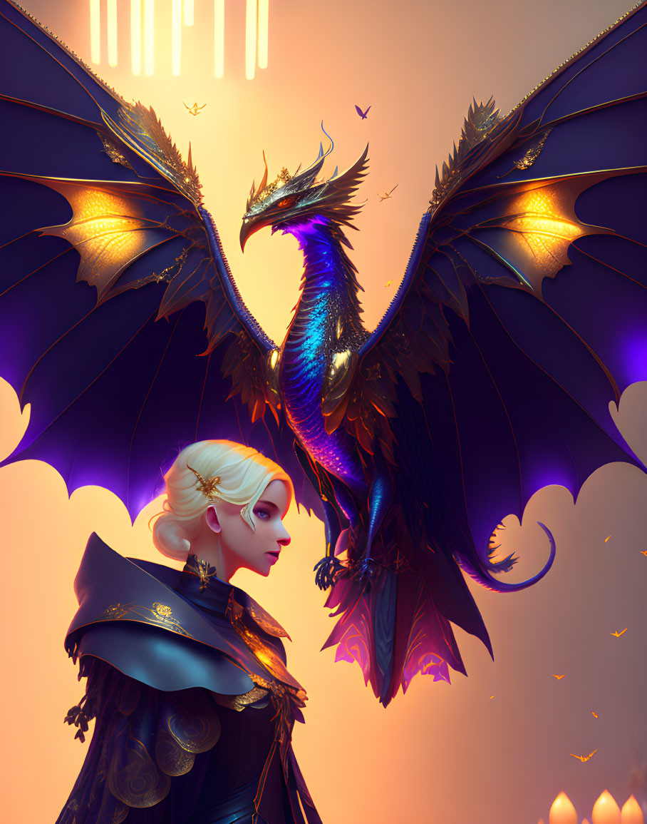 Regal woman in black cloak with iridescent dragon at twilight