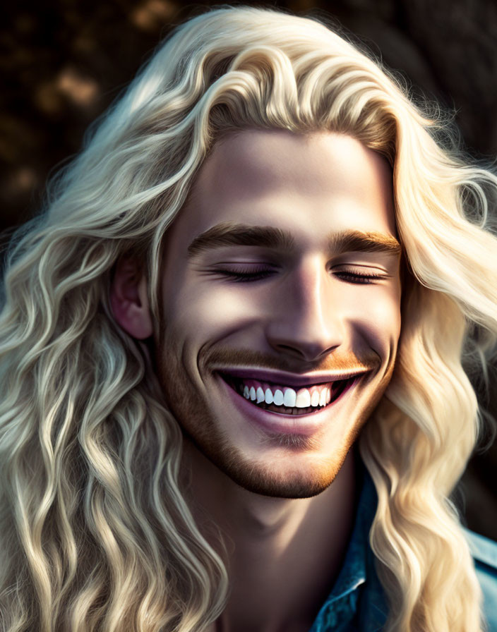 Smiling man with long blonde hair and denim collar portrait