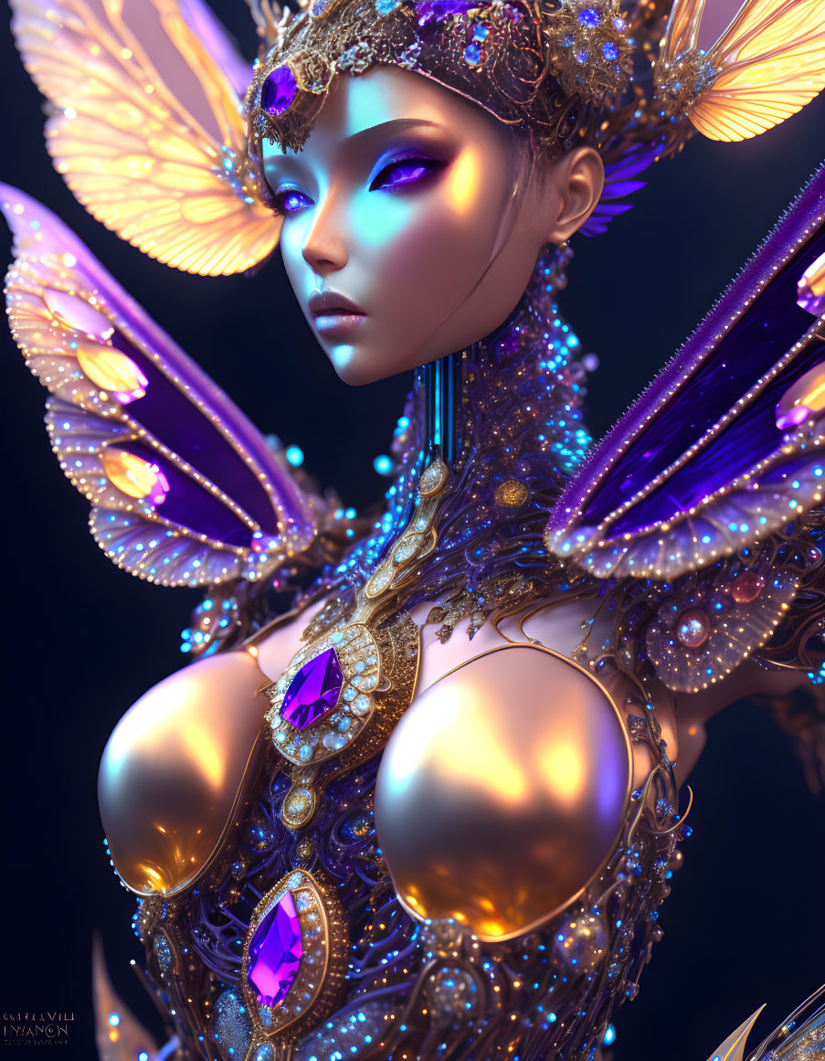 Character with golden armor, butterfly wings, and makeup in cool-toned setting