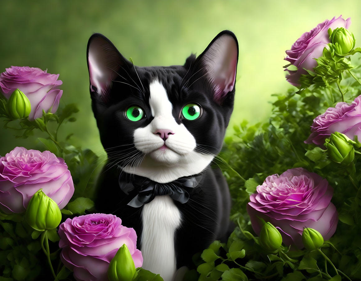 Striking green-eyed tuxedo cat with bow tie and purple roses on green backdrop
