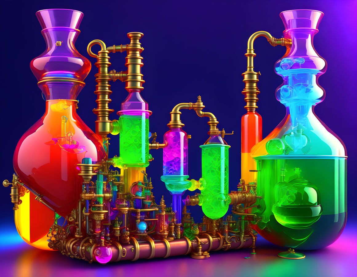 Colorful Illustration: Whimsical Alchemy Lab with Glowing Potions