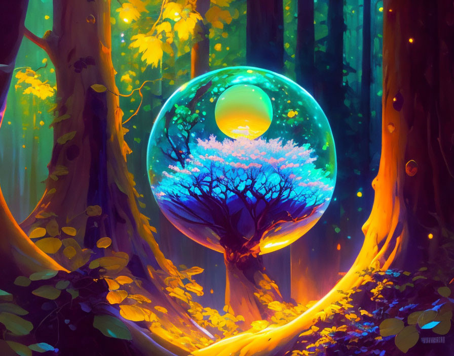 Fantastical glowing orb with tree in magical forest