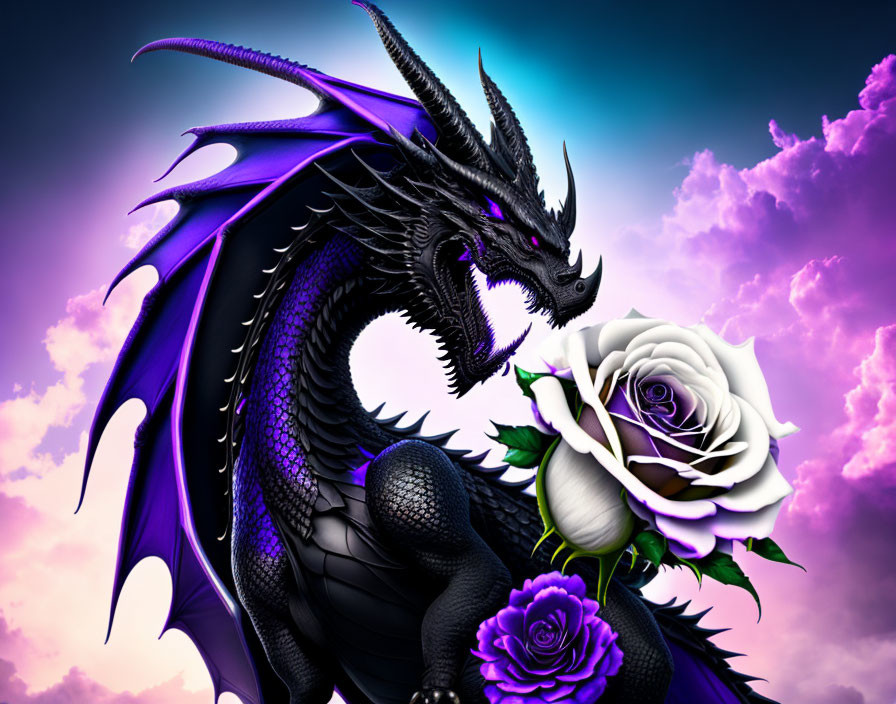 Black Dragon With White Rose