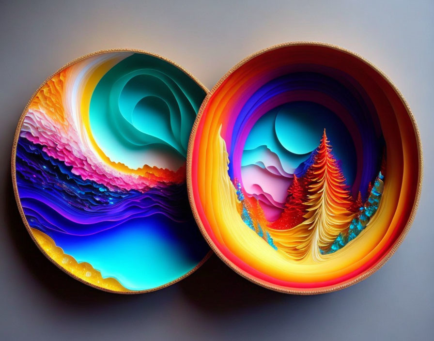 Colorful Landscape Paper Art Pieces with Tree Motif Displayed Together
