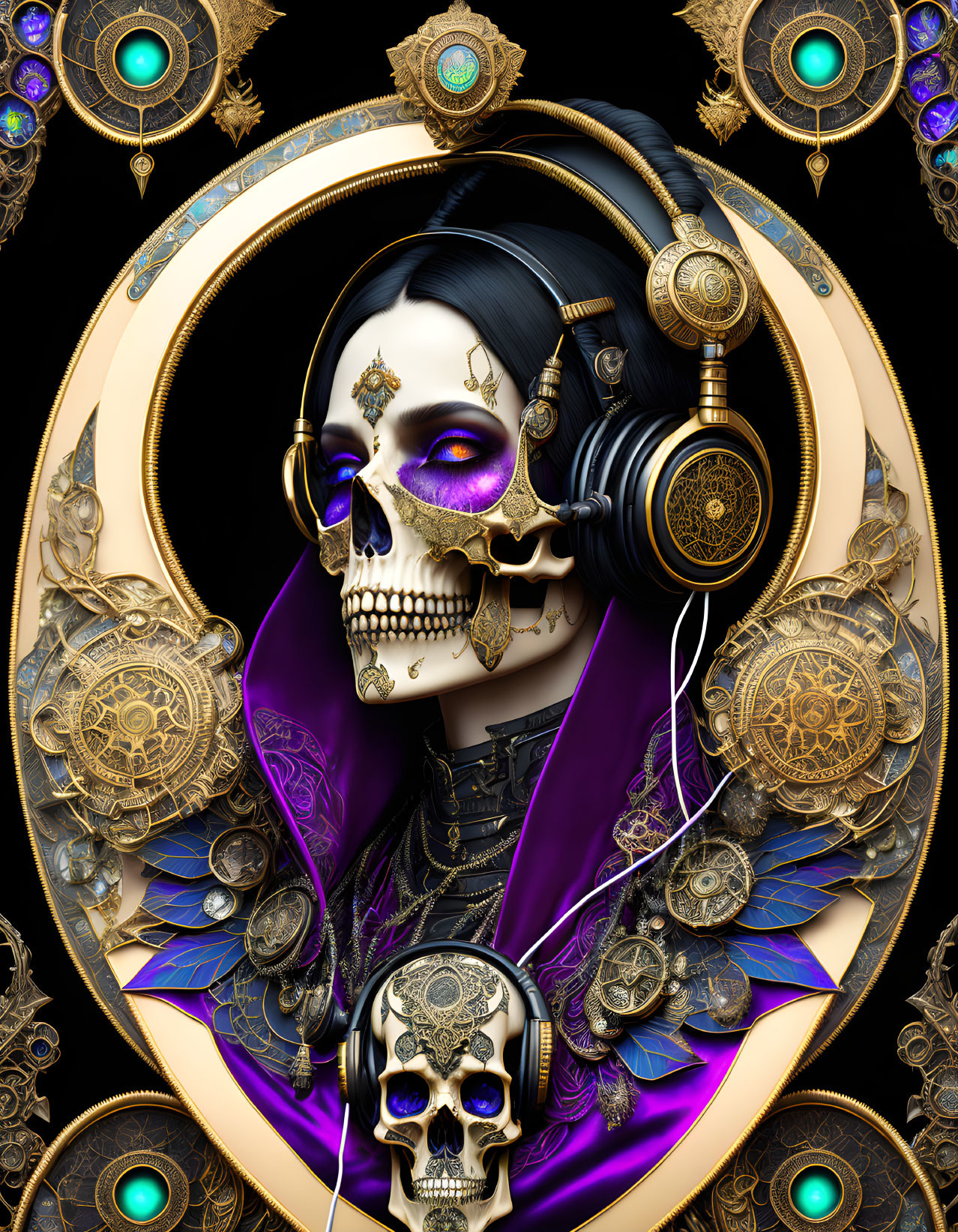 Colorful Skull Artwork with Headphones and Gold, Purple, Mechanical Details