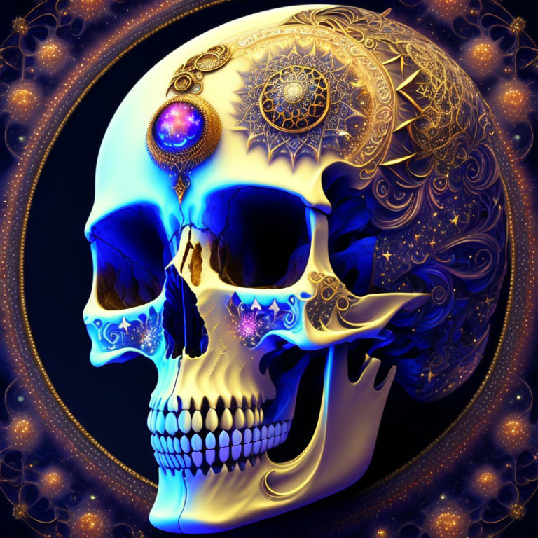 Golden ornate human skull with glowing purple gem on starry blue background