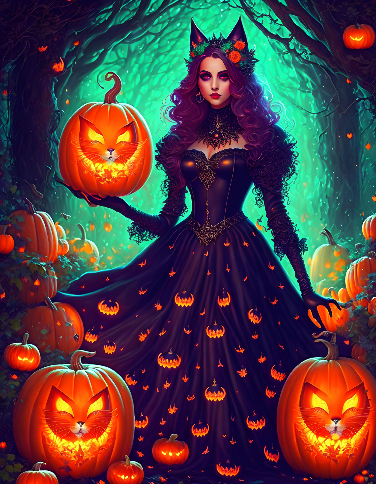 Woman in Halloween Costume Surrounded by Glowing Pumpkins in Magical Forest
