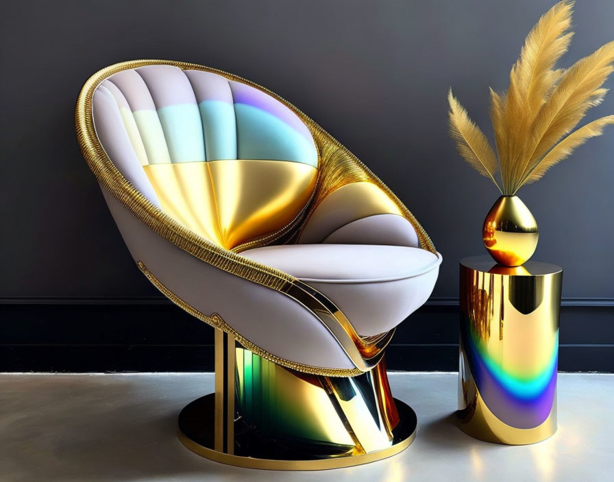 Rainbow And Gold Shell Chair On A Grey Background