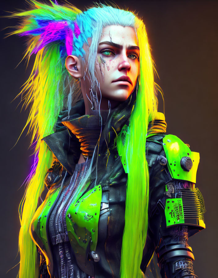 Colorful cyberpunk character with neon green hair and futuristic attire on dark backdrop