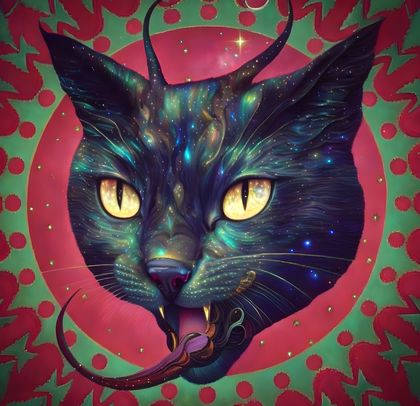 Cosmic cat illustration with starry fur and snake in mouth