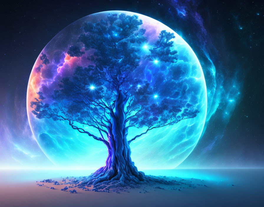 Luminous lone tree against glowing moon and starry sky