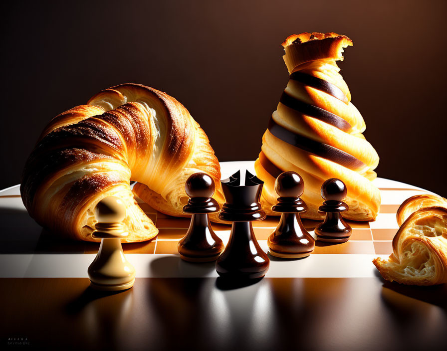 Chocolatte Chess With Croissants On The Chessboard