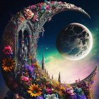 Crescent moon with vibrant flowers under starry sky
