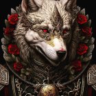 Detailed illustration of majestic wolf with golden accessories and red roses on dark background.