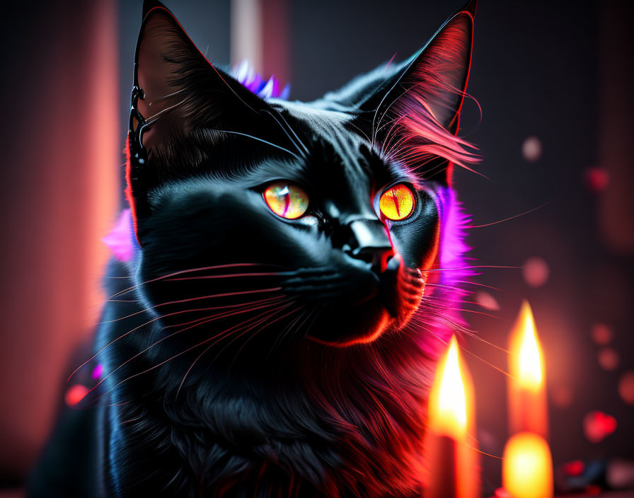 Black Cat with Glowing Orange Eyes in Front of Lit Candles