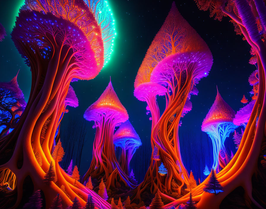 Vibrant otherworldly forest with neon-colored mushroom-like trees