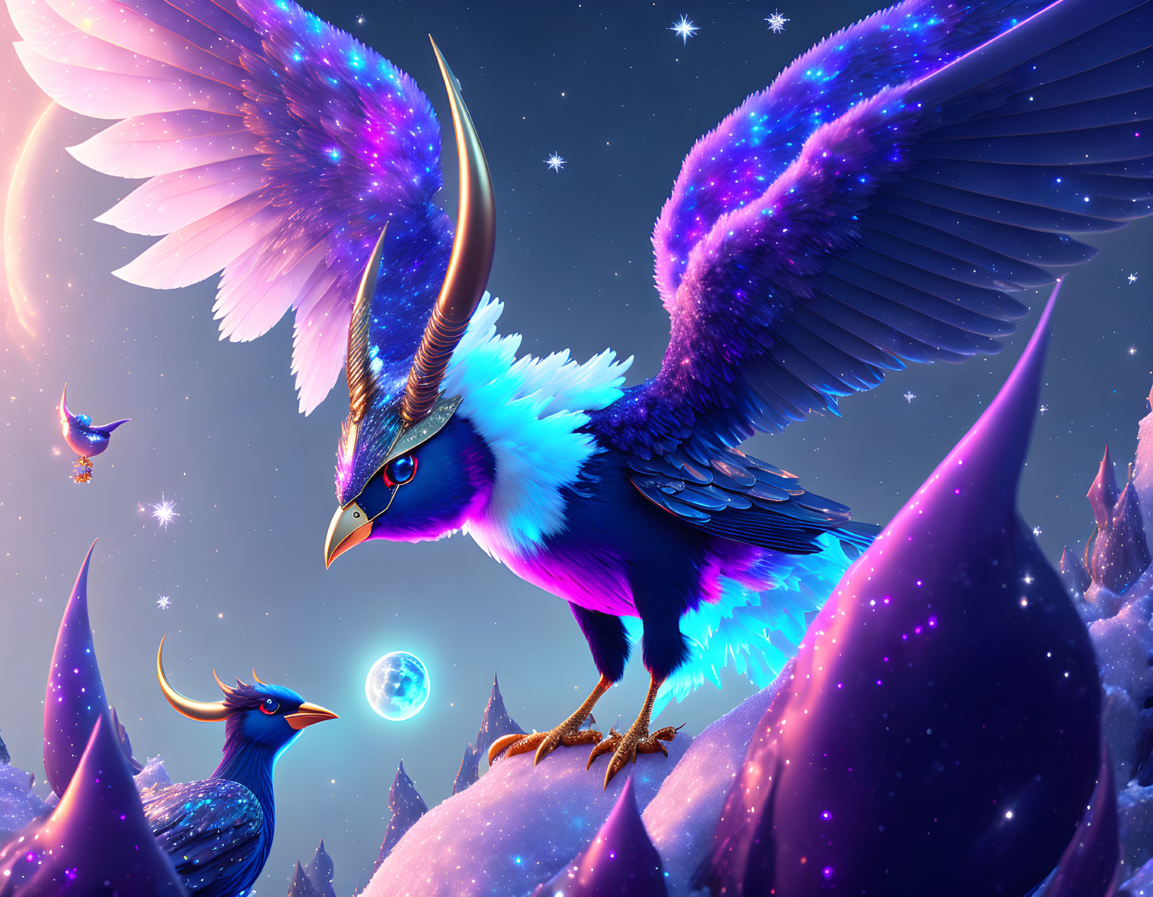 Majestic mythical bird with glowing star-filled wings in cosmic landscape