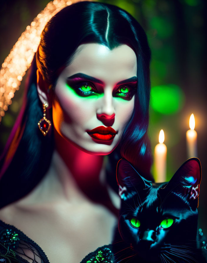 Dark-haired woman with bold makeup holding a black cat in candlelight