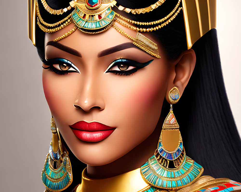 Ancient Egyptian queen depicted with golden headdress and jewelry
