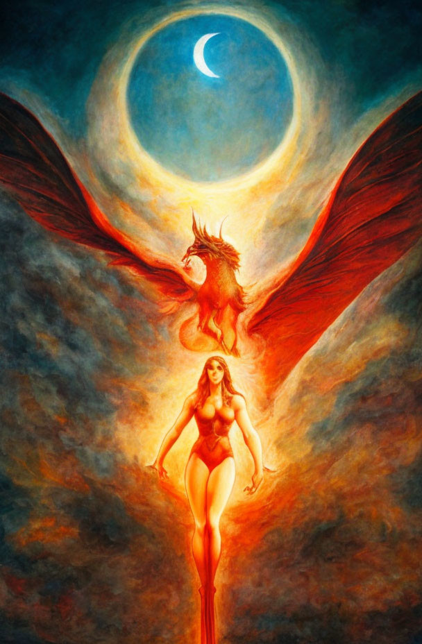 Surreal painting of woman with fiery phoenix wings under glowing halo