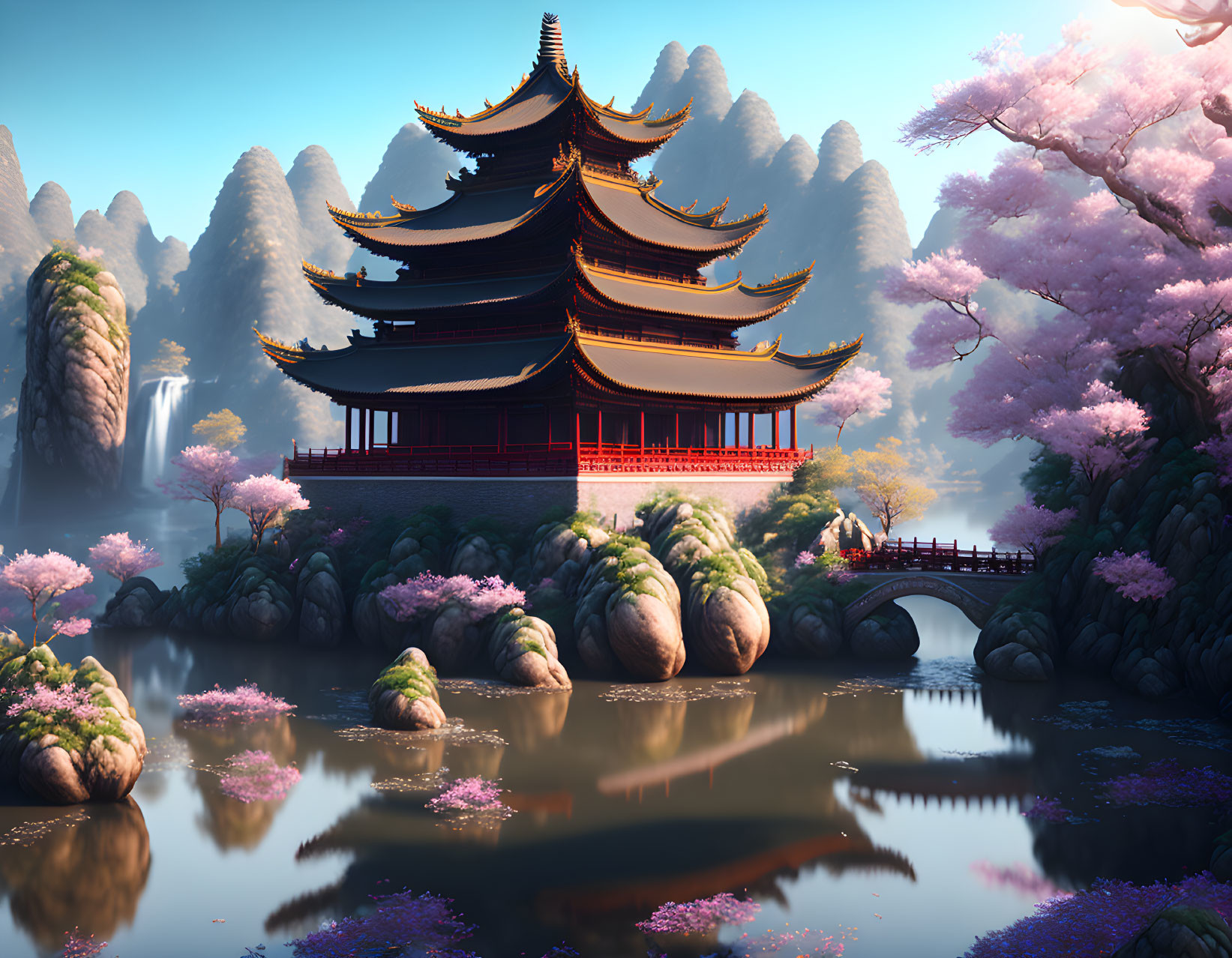 Traditional multi-tiered pagoda in serene landscape with cherry blossoms, lake, bridge, and water