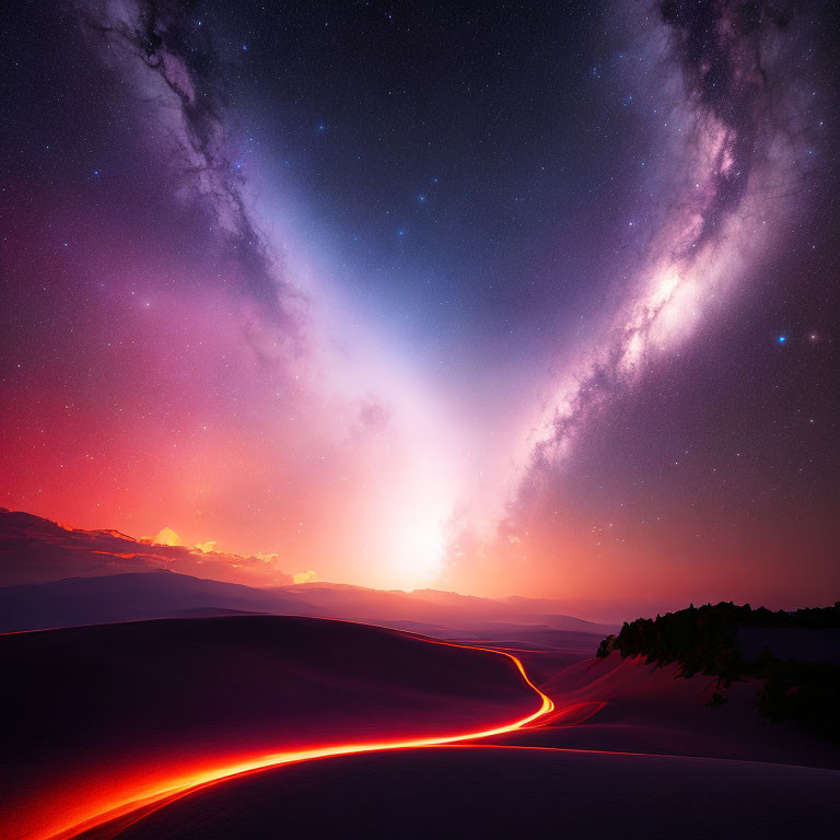 Surreal desert landscape with red path, starry sky, and vibrant sunset