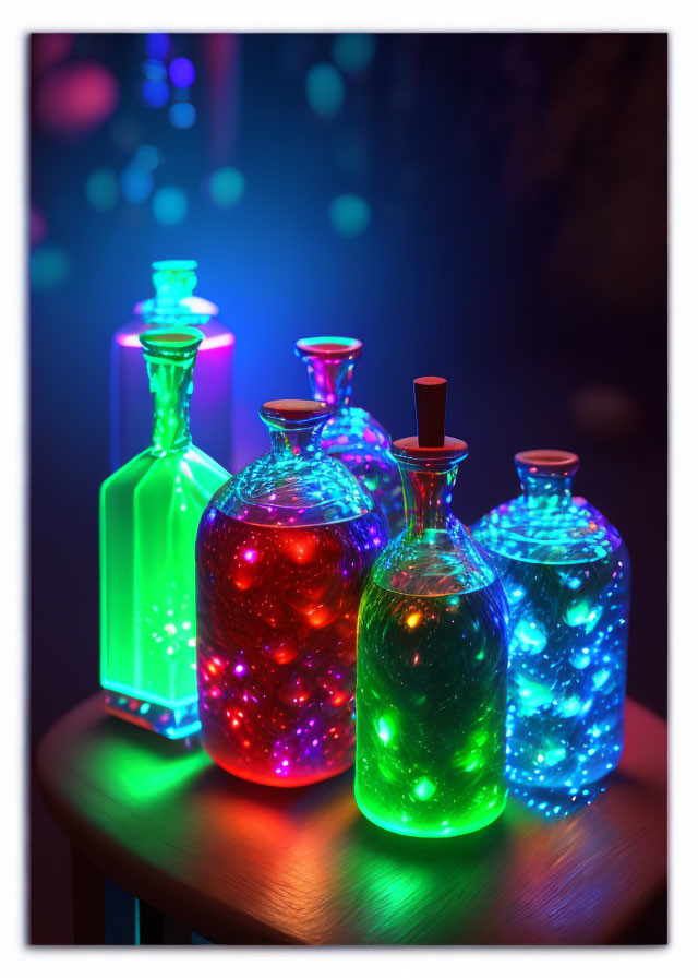 Colorful Glowing Bottles Illuminate Dark Background