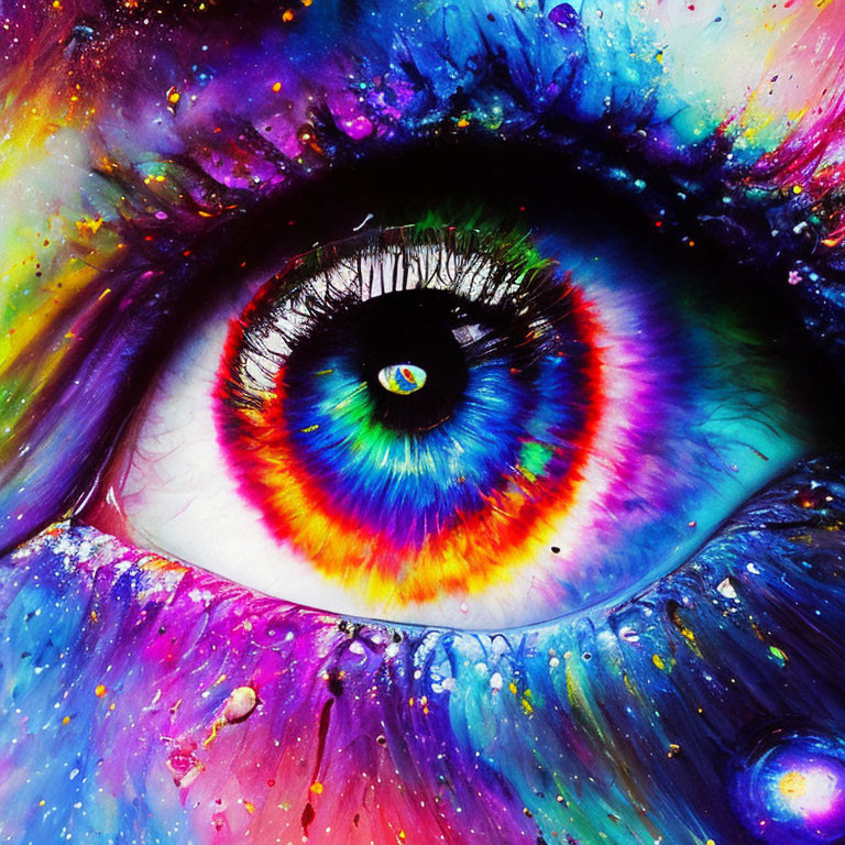 Close-up of eye with rainbow hues and paint splatters for abstract artistic effect