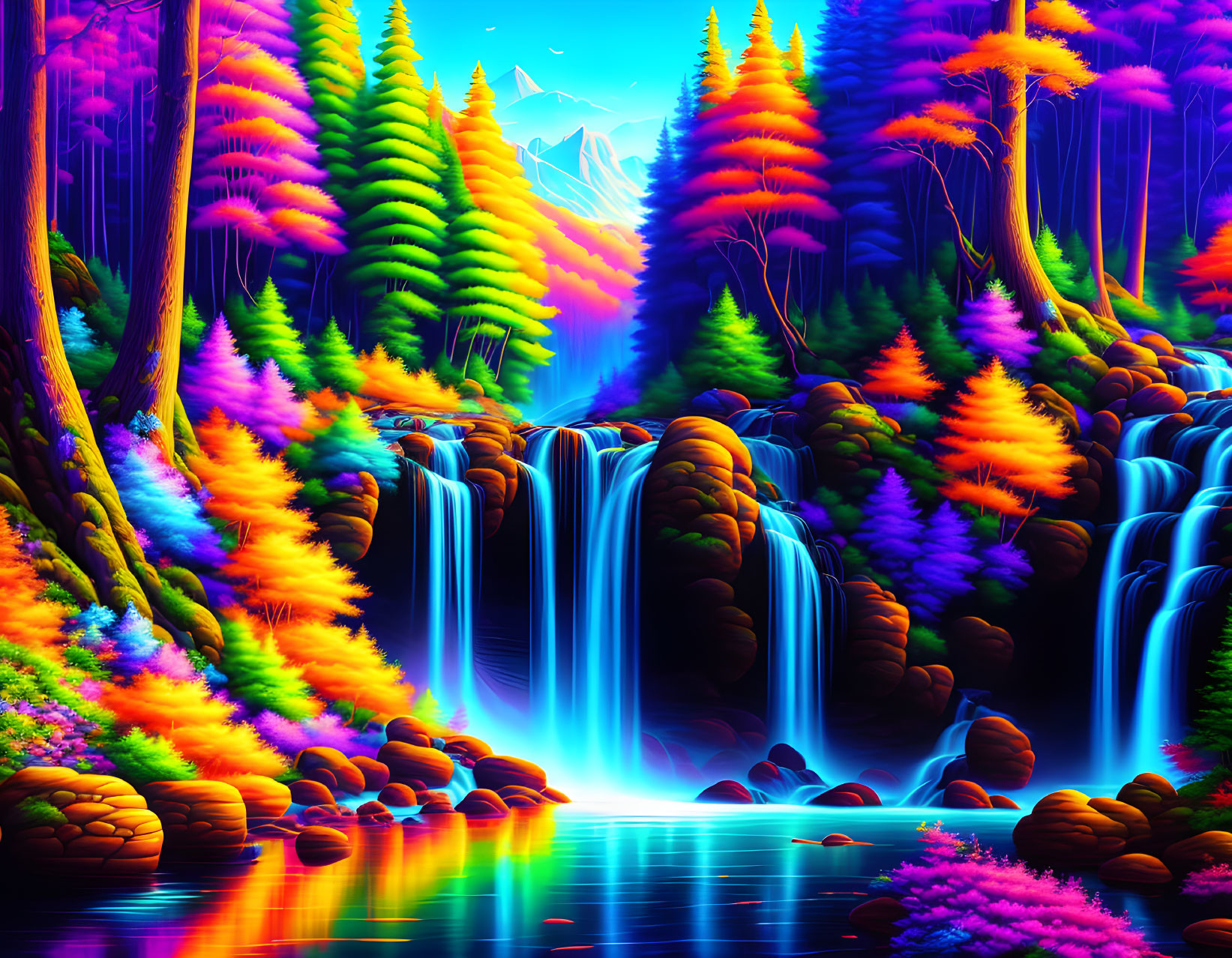 Colorful Neon Forest with Waterfall and Luminous River