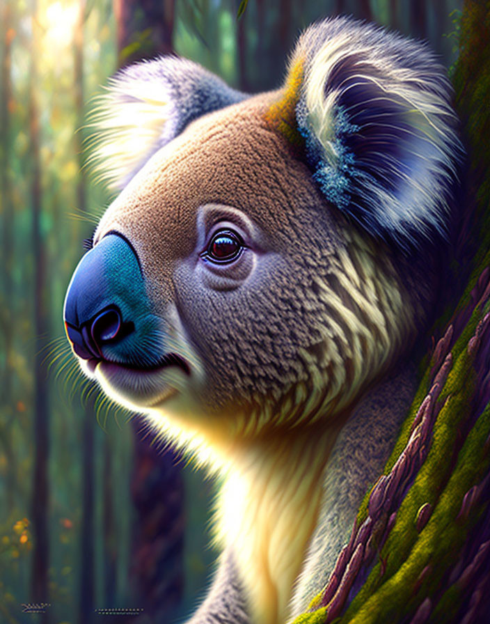 Detailed Koala Illustration Clinging to Tree with Sunlight and Lush Foliage