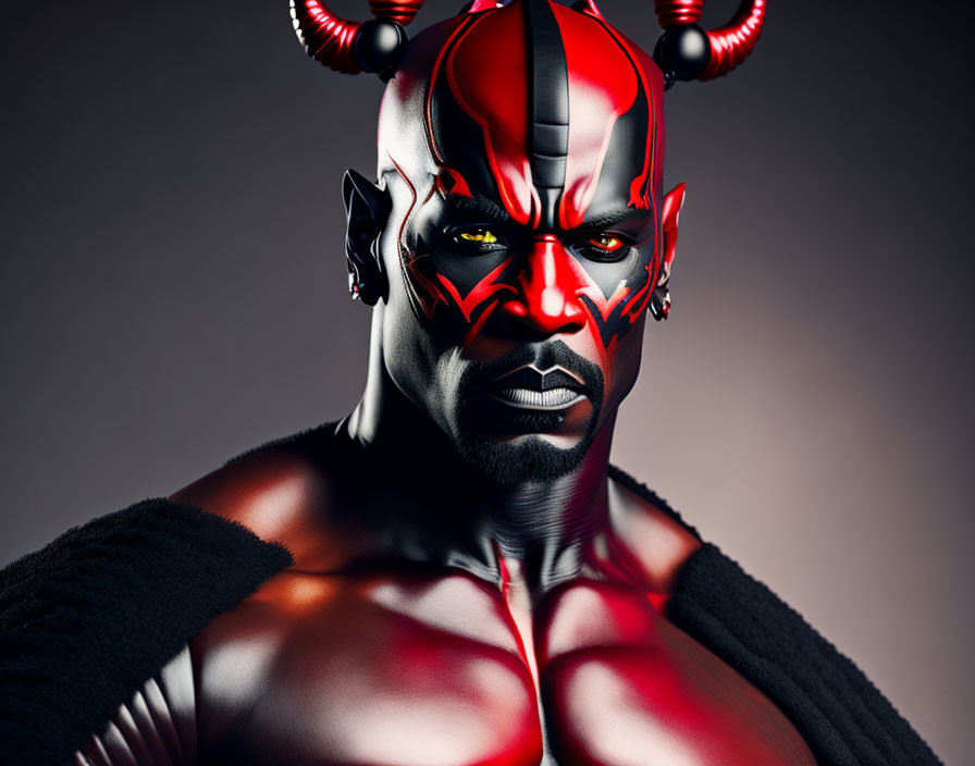 Intense Red and Black Stylized Portrait with Horn-like Accessories