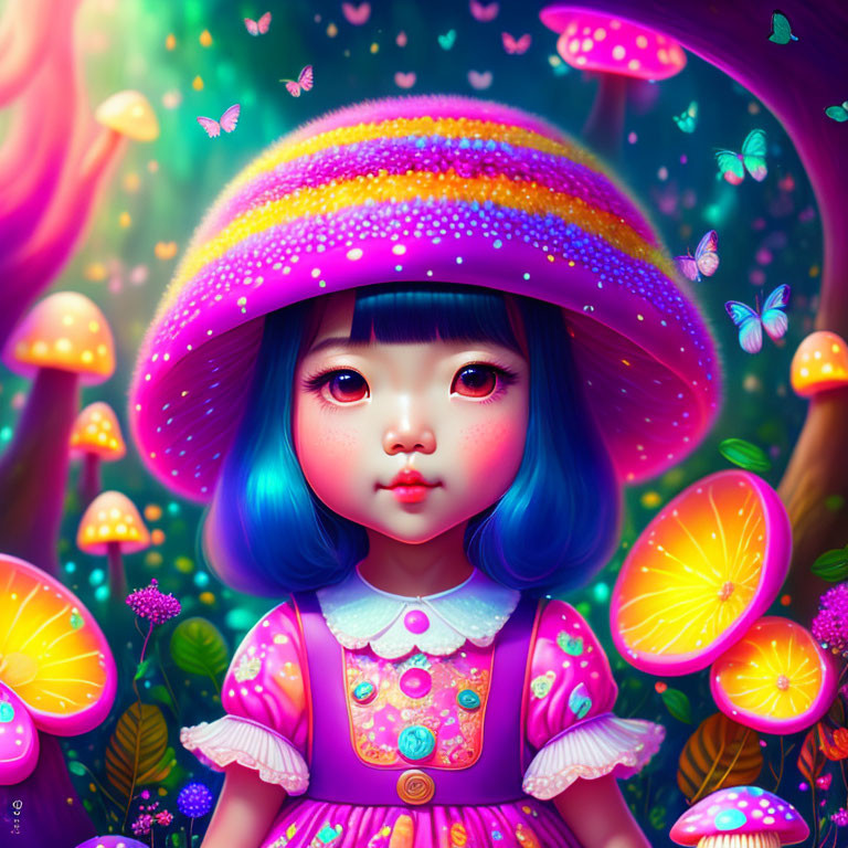 Colorful illustration of girl with blue hair in fantasy forest