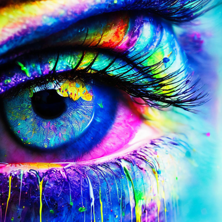 Vibrant multi-colored makeup around bright blue eye.