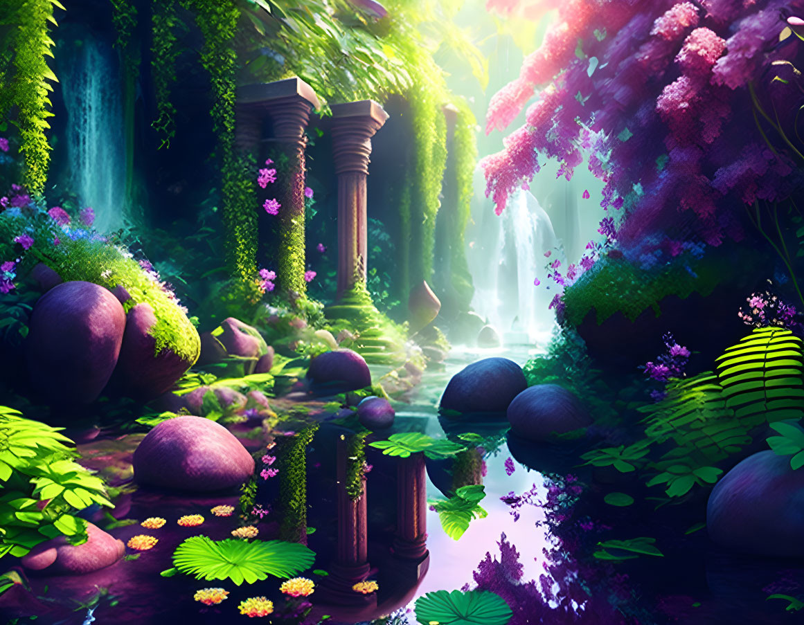 Mystical forest scene with purple flowers, ancient pillars, and tranquil pond