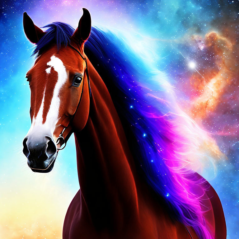 Vibrant galaxy-themed horse with cosmic backdrop