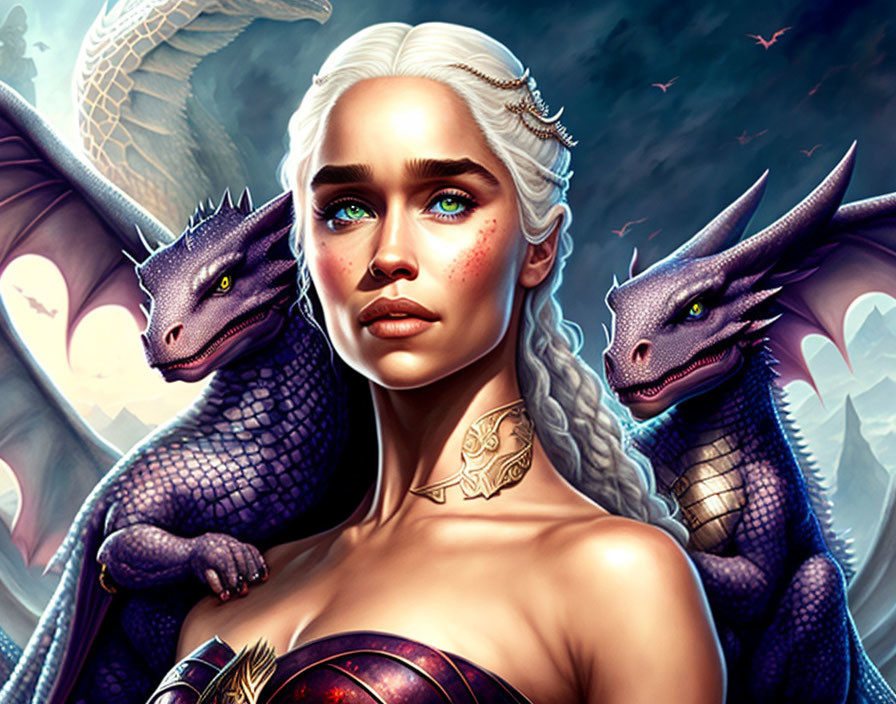 Silver-Haired Woman with Dragons: Fantasy Queen Illustration
