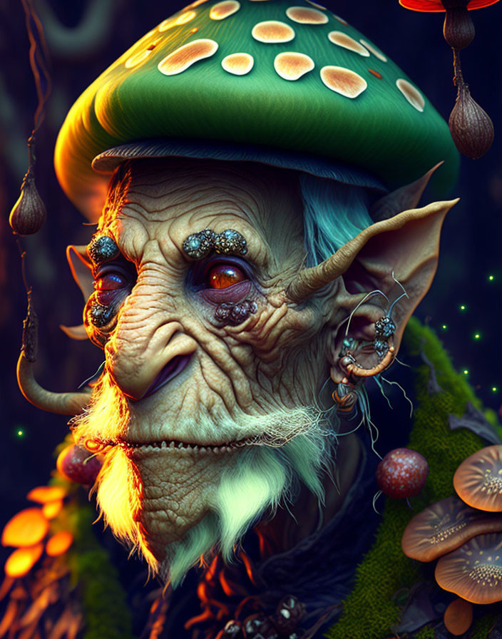 Fantasy creature with mushroom cap, pointed ears, and multiple eyes in dark setting.