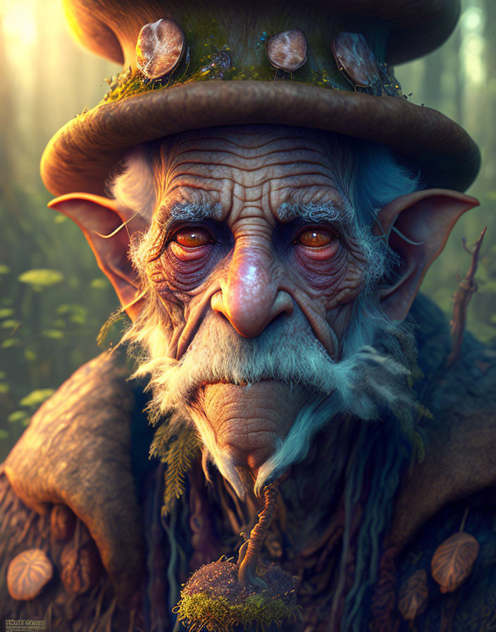 Elderly fantasy creature with pointed ears in mushroom hat in misty forest