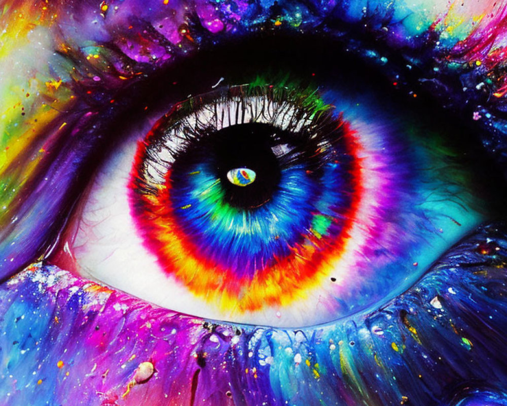 Close-up of eye with rainbow hues and paint splatters for abstract artistic effect