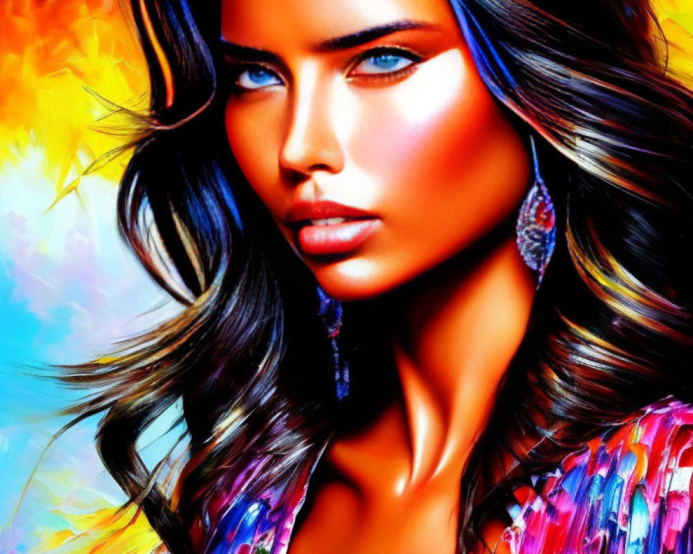 Colorful digital painting of a woman with blue eyes and abstract makeup
