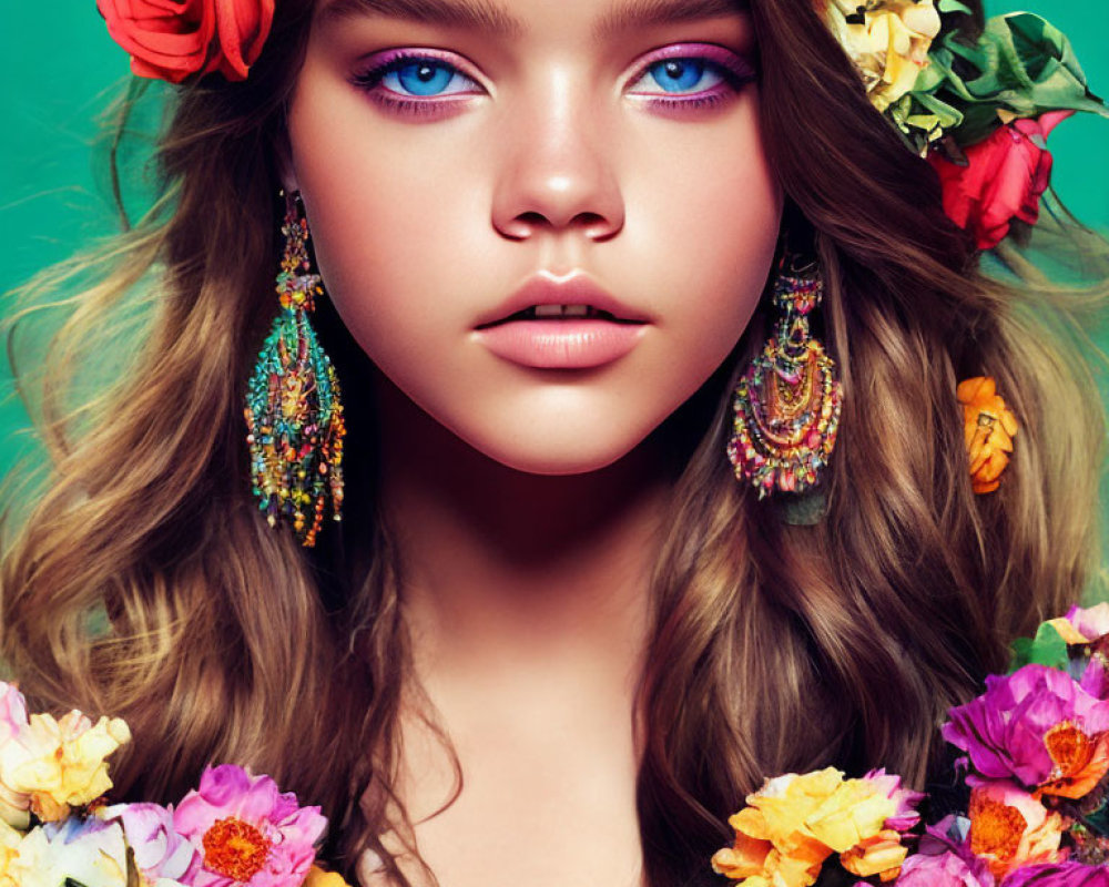 Portrait of a Girl with Striking Blue Eyes and Floral Headpiece